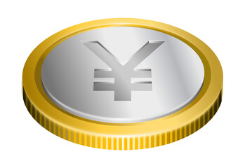 Obraz premium Silver coin with yen symbol, gold toned rim. Japan currency illustration.