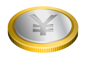 A coin featuring silver center with yen currency symbol, gold-colored rim. Money illustration, isolated on transparent.