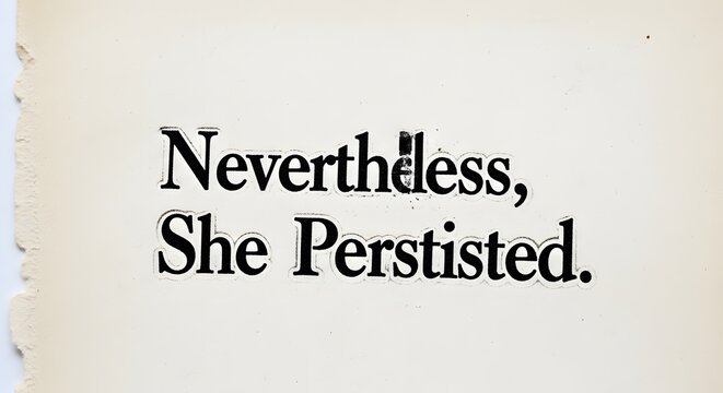 A minimalist black and white print displaying the motivational quote 'Nevertheless, She Persisted.' on a plain background