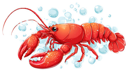 A red lobster with bubbles on transparent background