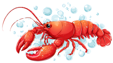 A red lobster with bubbles on transparent background