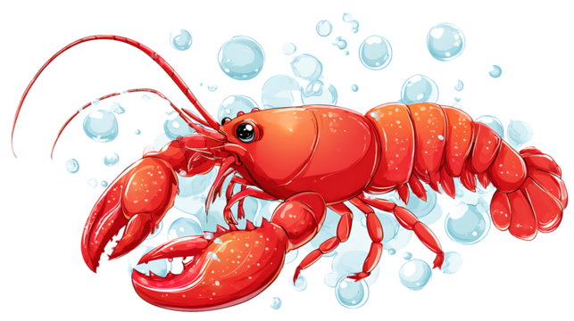 A red lobster with bubbles on transparent background