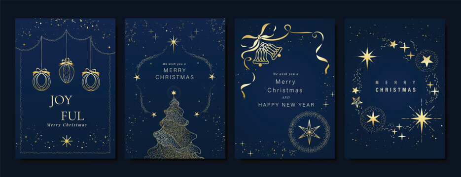 Christmas Luxury gold  invitation card design vector. Christmas pine leaves, snowflake with gold foil and spot texture on navy blue background. Design illustration for cover, print, poster, ads.