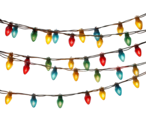 Colorful holiday lights decorating a festive space in winter isolated on transparent background