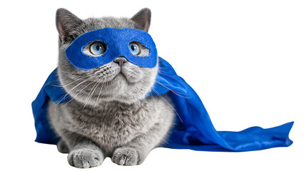 Cute cat wearing a superhero mask and blue cape on transparent background
