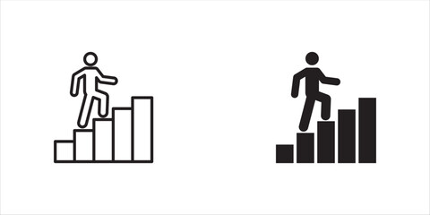 Career progress and goal achievement icon with a person climbing stairs towards a flag representing ambition success and reaching a target vector solid glyph icon vector illustration, eps10.
