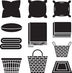 Minimalist Black Vector Set of Decorative Pillows Blankets Baskets Floor Mats and Rugs