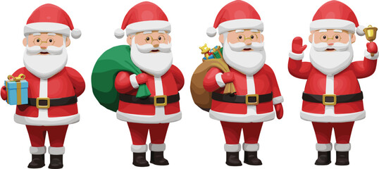 Santa Claus cartoon character set, Christmas festive poses with gift, sack, bell, cheerful holiday illustration, merry seasonal celebration design