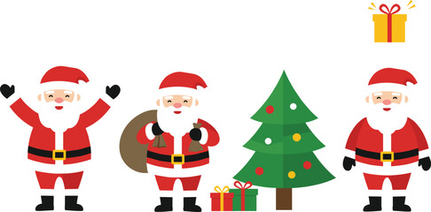 Cartoon Santa Claus trio with Christmas tree and colorful gift boxes, festive holiday illustration, cheerful seasonal artwork, celebration design, decoration