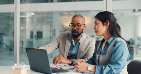 Discussion, laptop and business people in collaboration for finance review with budget planning....