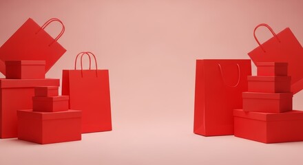 A collection of red shopping bags and gift boxes on a pink background. Perfect for holiday retail promotions.