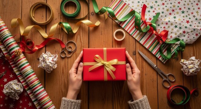 A pair of hands preparing a colorful gift with wrapping paper and ribbons on a wooden table. Holiday atmosphere.