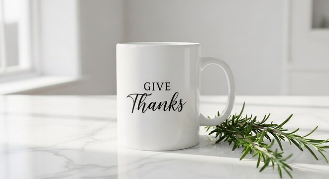 Give Thanks Coffee Mug on Marble Countertop Minimalist Design