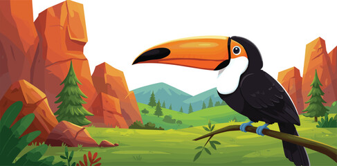 Naklejka premium Cartoon toucan perched on branch in tropical landscape with mountains, pine trees, grassy fields, red rocks, blue sky illustration