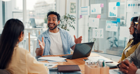 Business, people or meeting with laptop in office for campaign success, positive feedback or update. Digital marketing, manager and happy with team for KPI statistics, brand performance and good news