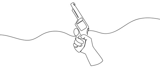 Hand holding a revolver, one continuous line Minimalist linear design. Editable stroke.