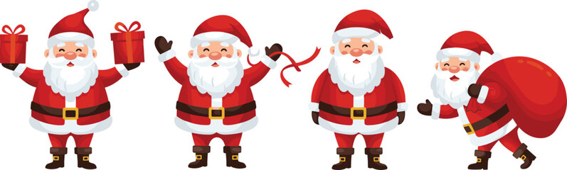 Santa Claus cartoon illustration set, Christmas holiday festive character poses, gift giving, waving, walking with sack, cheerful seasonal design