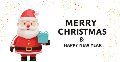Santa Claus cartoon holding gift box, Merry Christmas and Happy New Year greeting card, festive holiday illustration, cheerful seasonal celebration design
