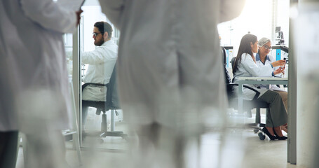 Development, science and walking with people in laboratory together for medical or pharmaceutical...