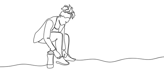 A woman is tying one continuous shoelace for exercise. Minimalist linear design. Editable stroke.