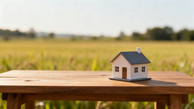 Dream house model on a wooden table in an open field, symbolizing simplicity and aspiration.