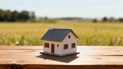 Dream house model on a wooden table in an open field, symbolizing simplicity and aspiration.