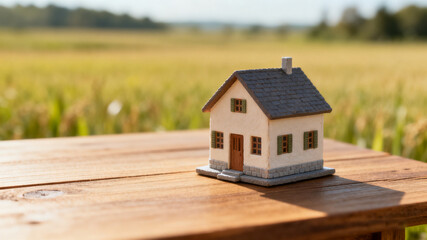Dream house model on a wooden table in an open field, symbolizing simplicity and aspiration.
