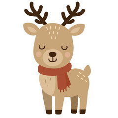 Cartoon reindeer with closed eyes, red scarf, blushed cheeks, and white markings. Peaceful, festive vibe perfect for winter or Christmas themed designs.