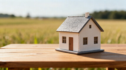 Dream house model on a wooden table in an open field, symbolizing simplicity and aspiration.