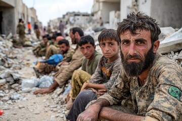 Fototapeta premium Civilians Seeking Shelter During Intense Military Airstrikes