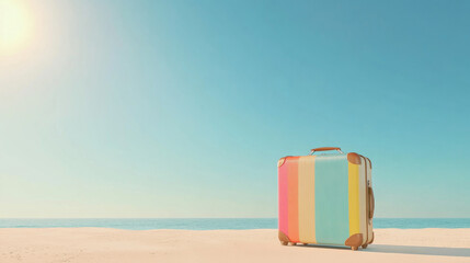 Colorful striped suitcase stands on sandy beach under clear blue sky with bright sunlight, evoking joyful travel mood