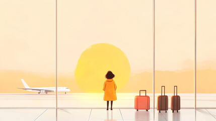 Woman in orange coat stands at airport terminal window watching plane and large yellow sun setting on horizon, evoking calm anticipation