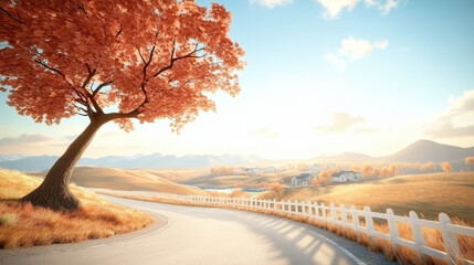 Winding road curves through peaceful countryside with large tree with orange leaves and white fence under bright sky