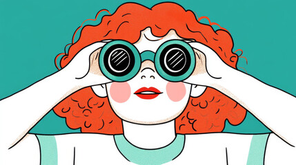 Young woman with curly red hair looks through binoculars with curiosity and excitement against teal background