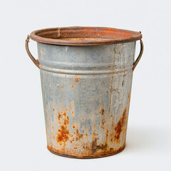 Rusty metal bucket with handles showing weathered texture and corrosion, isolated on white background with vintage, worn look