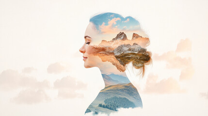 Serene woman profile with double exposure of mountain landscape and sky, blending nature and human calmness in artistic style