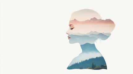 Serene double exposure image of woman profile blended with misty mountain landscape creating peaceful and dreamy atmosphere