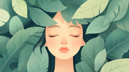 Dreamy scene of woman with closed eyes surrounded by large green leaves, evoking calmness and peaceful nature harmony