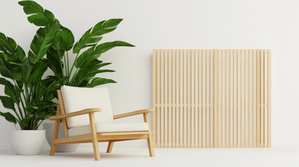Minimalist wooden armchair with white cushion and large green plant in white pot beside wooden slatted panel on white wall, cozy interior