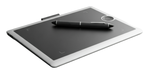 Home office aerial view digital drawing tablet technology showcase isolated on transparent background