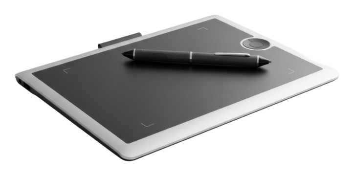 Home office aerial view digital drawing tablet technology showcase isolated on transparent background - Powered by Adobe