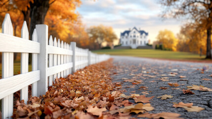 Rustic winding road lined with white fence covered in autumn leaves leading to large house with fall trees and warm sunlight
