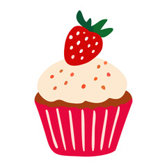 Cute cartoon cupcake with a fresh strawberry on top, isolated on white