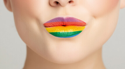 Rainbow lips with vibrant colorful makeup on smooth skin close up, creative beauty concept with bright lipstick and artistic style