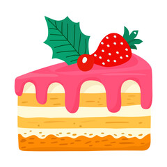 festive vector illustration of a Christmas cake slice with strawberry and holly.