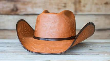 Close up of wide brim leather cowboy hat with embossed floral patterns and dark band, resting on wooden surface with rustic background