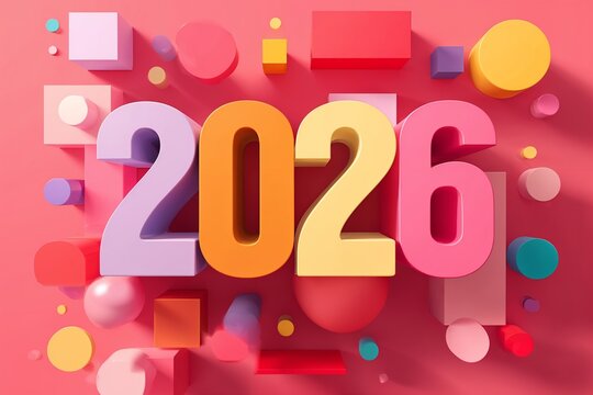 Colorful 2026 numbers with geometric 3D shapes on pink - Powered by Adobe