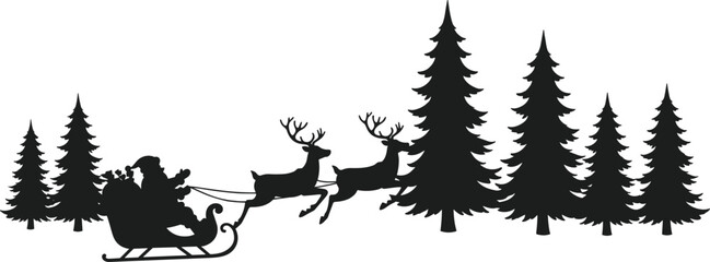 Santa Claus silhouette sleigh flying reindeer Christmas forest pine trees festive holiday illustration seasonal winter celebration magical gift delivery scene © Sakib World