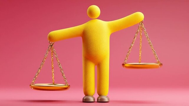 Yellow figure holding balance scales against pink background