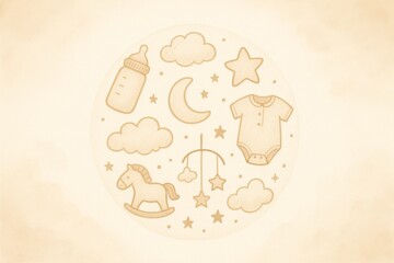 Cute hand drawn baby elements including bottle, onesie, moon, stars, clouds and toys on soft beige background for newborn or shower design.